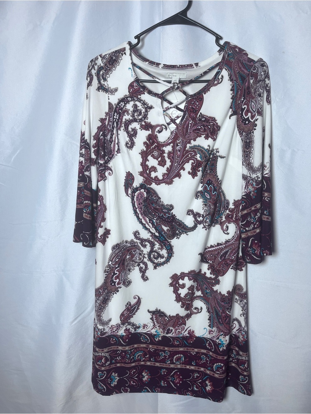 Women's Paisley Lace-Up Neck Tunic Top - White and Burgundy